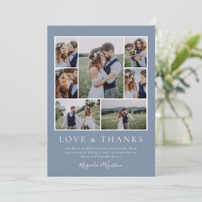 Dusty Blue Photo Collage Love and Thanks Wedding  Thank You Card (Standing Front)