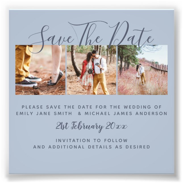 Dusty Blue PHOTO Collage Save The Dates Wedding Print (Front)