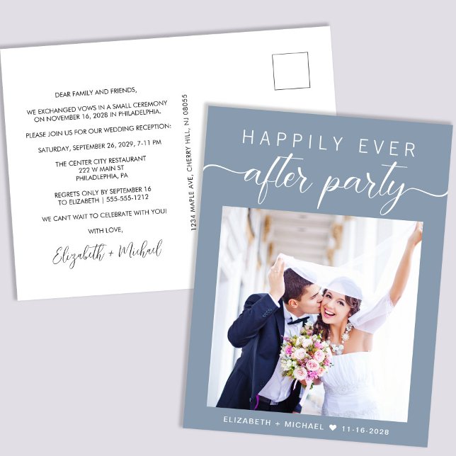 Dusty Blue Photo Elopement Wedding Reception Invitation Postcard (Creator Uploaded)