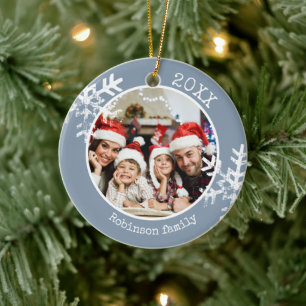 Dusty Blue Photo Family Christmas Snowflake Custom Ceramic Tree Decoration