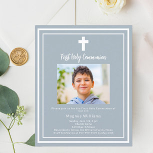 Dusty blue photo First Holy Communion invitation