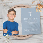 Dusty Blue Photo First Holy Communion Thank You Card<br><div class="desc">Featuring a script signature name and special photo on a dusty blue background. Personalise with your photo and special first holy communion thank you message in chic lettering on this stylish design. Designed by Thisisnotme©</div>