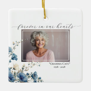 Dusty Blue Photo Floral Memorial Square Ceramic Ornament