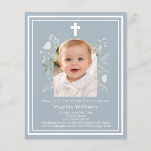Dusty blue photo florals boy Baptism invitation