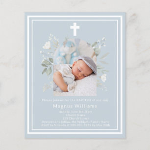 Dusty blue photo florals boy Baptism invitation