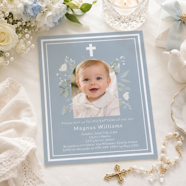 Dusty blue photo florals boy Baptism invitation (Creator Uploaded)