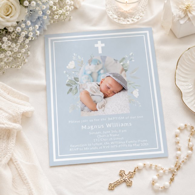 Dusty blue photo florals boy Baptism invitation (Creator Uploaded)