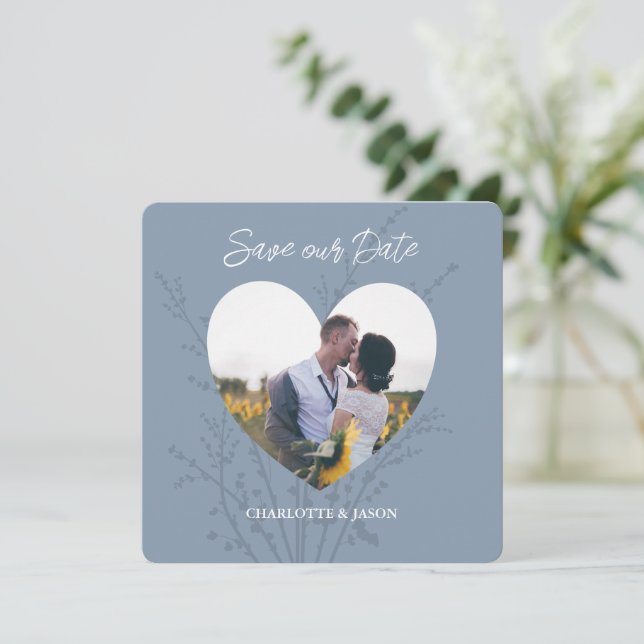 Dusty Blue Photo Heart Frame Save The Date      Invitation (Standing Front)