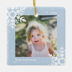 Dusty Blue Photo Holiday Ornament with Snowflakes