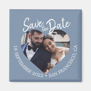 Dusty Blue Photo Modern Script Save the Date Magnet