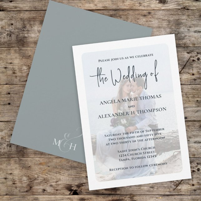 Dusty Blue Photo Overlay Modern Wedding Invite (Dusty blue wedding invitation with elegant photo overlay and modern typography)