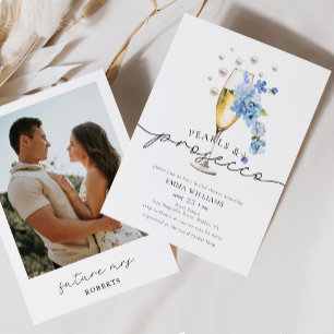 Dusty Blue Photo Pearls & Prosecco Bridal Shower Invitation