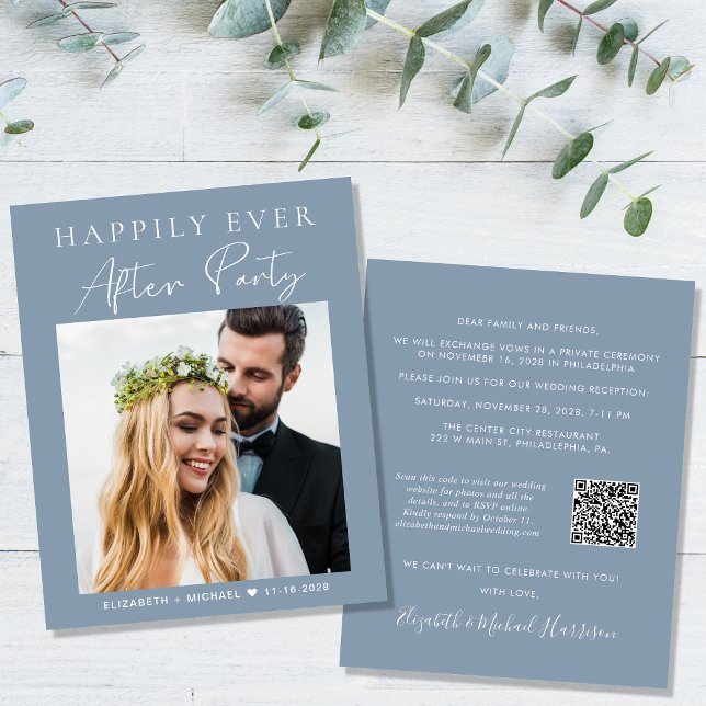 Dusty Blue Photo QR Code Wedding Reception Invite (Creator Uploaded)