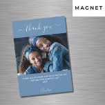 Dusty blue photo script thank you magnet<br><div class="desc">A dusty blue background colour.  White,  large hand lettered script with swashes and the text: Thank You. Personalise and add your photo,  thank you note and name.</div>