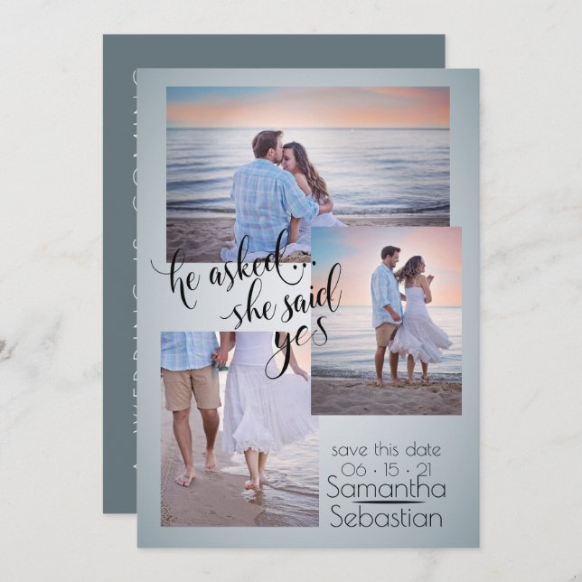 Dusty Blue Photo She Said Yes Save the Date Invitation (Front/Back)