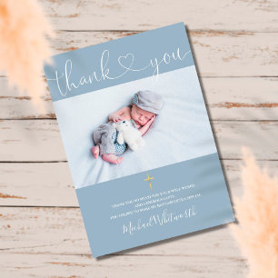 Dusty Blue Photo Signature Script Baptism Heart Thank You Card