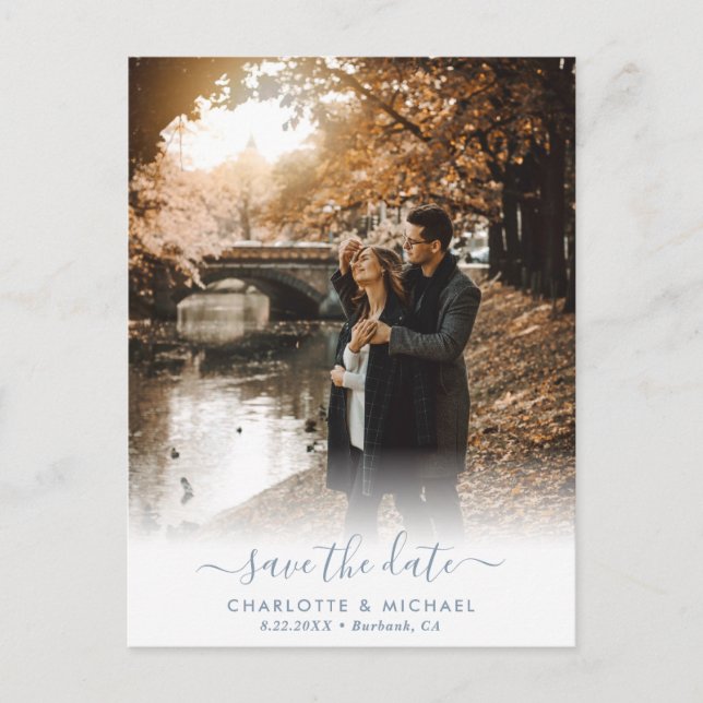 Dusty Blue Photo Wedding Save The Date Postcards (Front)