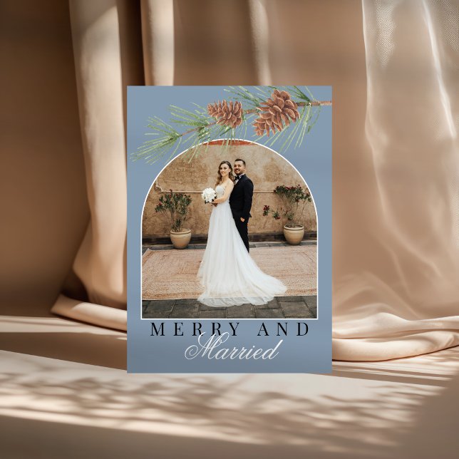Dusty Blue Pine Merry & Married Photo Christmas Holiday Card (Creator Uploaded)