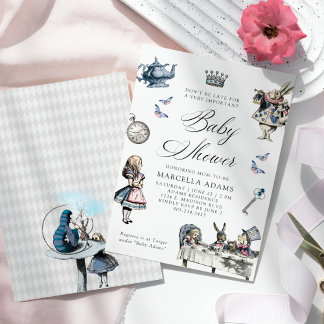 Dusty Blue & Pink Alice In Wonderland Baby Shower Invitation
