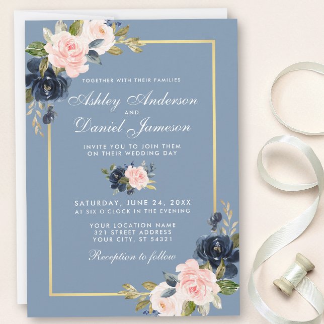Dusty Blue Pink Blush Floral Gold Frame Wedding Invitation (Customize to change text size, style or color of back of card.)