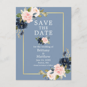 Dusty Blue Pink Blush Floral Gold Save the Date Postcard
