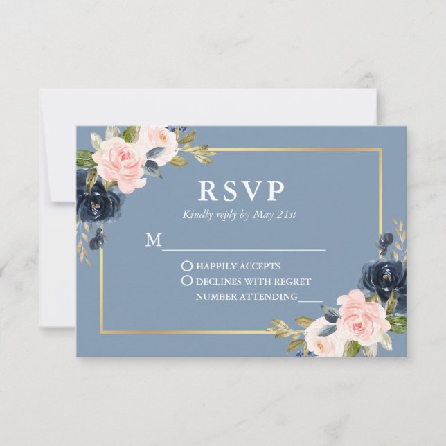 Dusty Blue Pink Blush Floral Gold Wedding RSVP Card (Front)