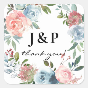 Dusty Blue & Pink Blush Floral Monogram - White  Square Sticker