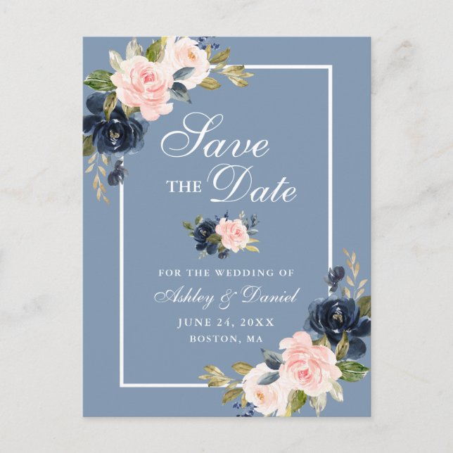 Dusty Blue Pink Blush Floral Save the Date Announcement Postcard (Front)