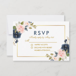 Dusty Blue Pink Blush Floral Wedding Gold RSVP Card