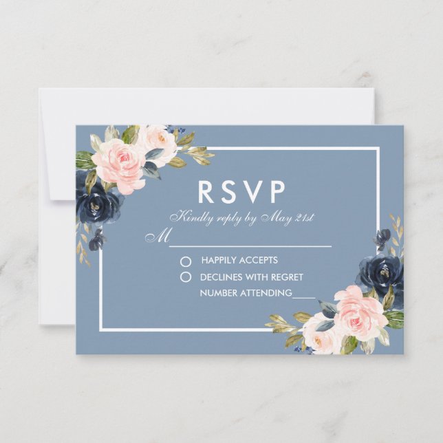 Dusty Blue Pink Blush Floral Wedding RSVP Card (Front)