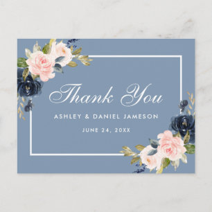 Dusty Blue Pink Blush Floral Wedding Thank You Postcard