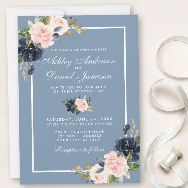 Dusty Blue Pink Blush Watercolor Floral Wedding Invitation (Customize to change text size, style or color of back of card.)
