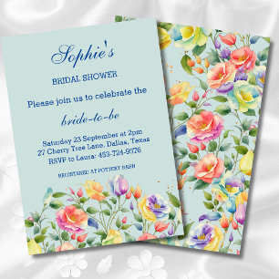 Dusty Blue Pink Bright Floral Roses Bridal Shower Invitation
