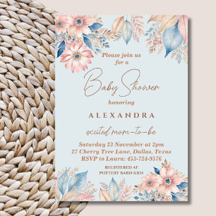 Dusty Blue Pink Floral Boho Chic Baby Shower Invitation