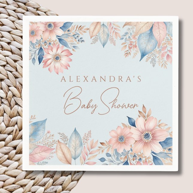 Dusty Blue Pink Floral Boho Chic Baby Shower Napkin (Creator Uploaded)