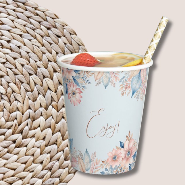 Dusty Blue Pink Floral Boho Chic Baby Shower Paper Cups (Creator Uploaded)