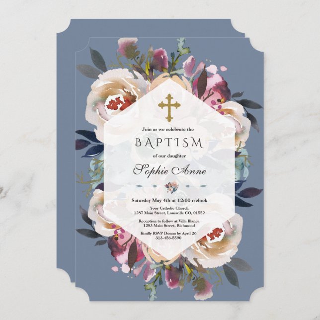 Dusty Blue Pink Floral Bouquet Geometric Baptism Invitation (Front/Back)