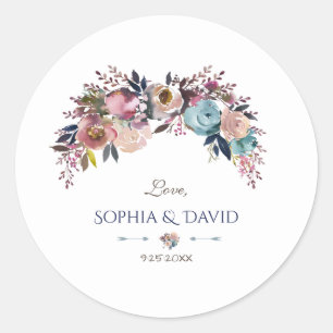 Dusty Blue Pink Floral Bouquet Wedding Classic Round Sticker