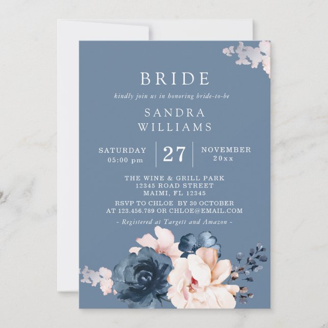  Dusty Blue Pink Floral Bridal Shower Flayer Invitation (Front)