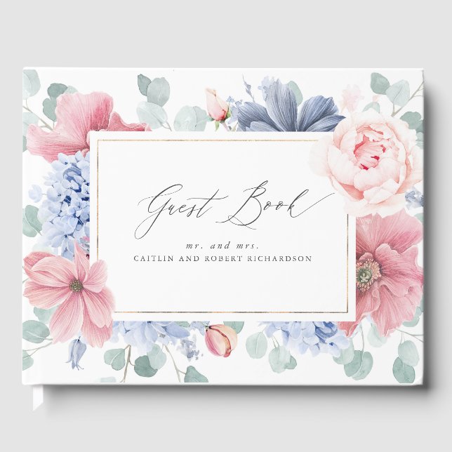 Dusty Blue Pink Floral Elegant Wedding Guest Book (Front)