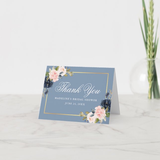 Dusty Blue Pink Floral Gold Bridal Shower Note Thank You Card (Front)