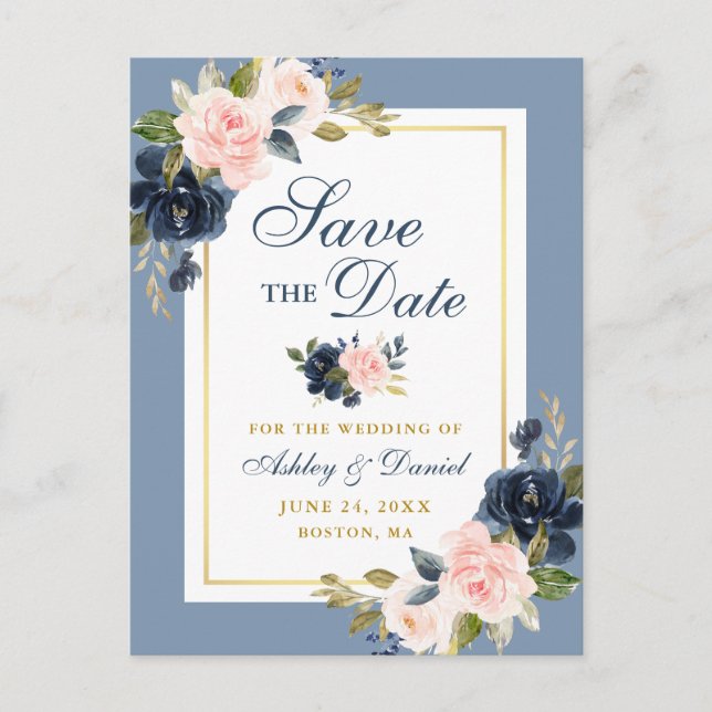 Dusty Blue Pink Floral Gold Save the Date Announcement Postcard (Front)