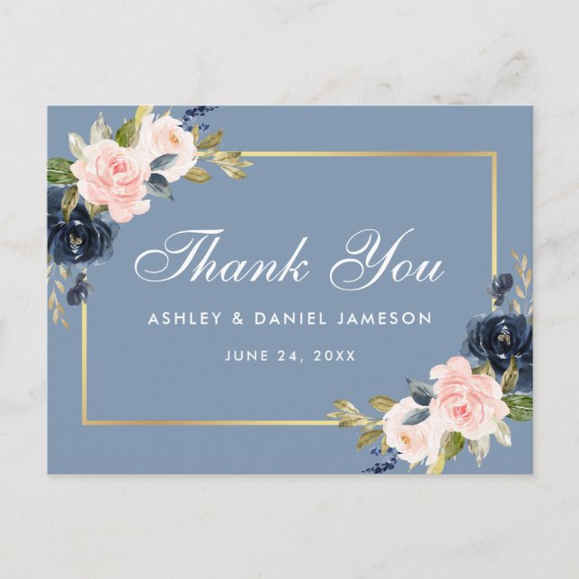 Dusty Blue Pink Floral Gold Wedding Thank You Postcard (Front)