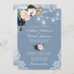Dusty Blue Pink Floral Lace Lights Photo Wedding Invitation