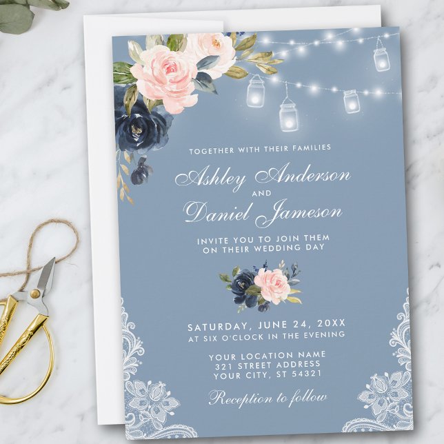 Dusty Blue Pink Floral Lace Lights Wedding Invitation (Customize to add more text or photos to back of card.)