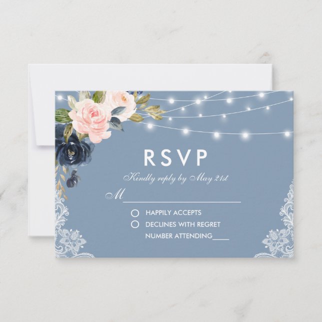 Dusty Blue Pink Floral Lace String Lights Wedding RSVP Card (Front)
