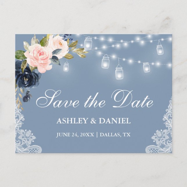 Dusty Blue Pink Floral Lights Lace Save the Date Announcement Postcard (Front)