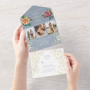 Dusty Blue Pink Floral Photos Wedding Invite