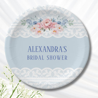 Dusty Blue Pink Floral Romantic Lace Bridal Shower Paper Plate