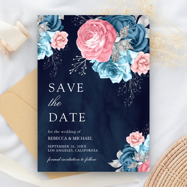 Dusty Blue Pink Floral Rose Navy Wedding Save The Date (Creator Uploaded)